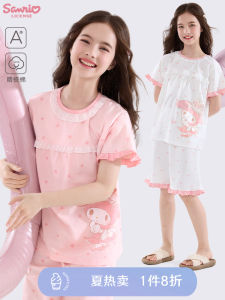 Pure Cotton Childrens Sleepwear Set Summer Thin Two-Piece Home Clothes for Girls Big Kids Hello Kitty Cat Brand Soft Loose Fit