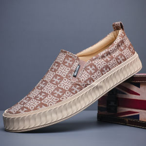 Trendy Mens Slip-On Canvas Shoes Summer Breathable Soft Bottom Casual Footwear round Toe Flat Heel Fashion Print Slipper