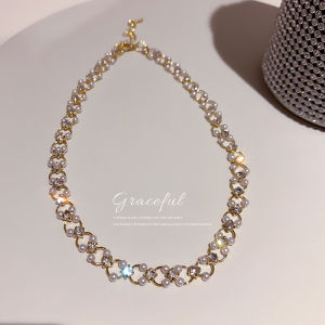 WHC Jewelry หรูหราประกายเพชรสร้อยคอมุก สำหรับผู้หญิง กระดูกไห้ปลาร้า โซ่