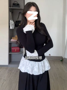 Áo Thun Tay Dài Ôm Vừa Vặn Cỡ Lớn Thiết Kế Giả Hai Mảnh Ren Viền Xếp Ly Mùa Thu Cổ Tròn Màu Trơn