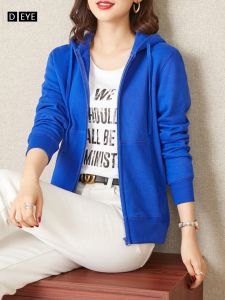 Klein Blue Womens Hoodie Cardigan Pure Cotton Spring Autumn Sports Style Zipper Jacket Long Sleeve Regular Fit Cotton Coat