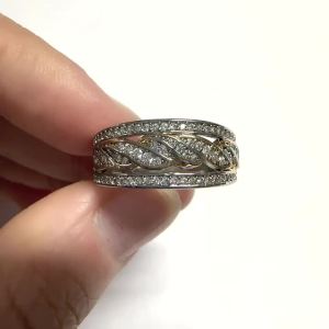 Huitan Women Two Tone Ring Leaf Engraved Design Vintage Party Inlaid Brilliant CZ Stylish Versatile Accessories Daily Jewelry