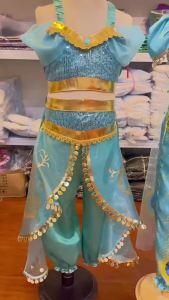 Jasmine Blue Dress Up Set Lightweight Aladdin Costume with Necklace Earrings Headpiece for Kids Halloween Carnival Cosplay