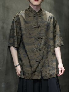 Áo Sơ Mi Nam Cổ Đứng Tay Ngắn in Họa Tiết Lụa Băng Mỏng Phong Cách Trung Hoa Mới Mùa Hè Cỡ Lớn Cổ Truyền Thống Nút