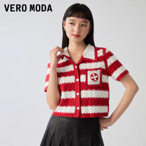 Vero Moda | Áo Thun Dệt Kim Tay Ngắn Họa Tiết Sọc Đỏ Trắng Dáng Suông Dễ Thương Dành Cho Nữ