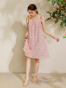 XEXZ | XEXZ Womens Cotton Nightgown Summer New Combed Pure Cotton Floral Print Sweet Strap Sleepwear Square Collar Mid-length Skirt