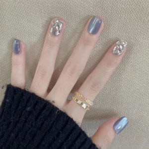 Handmade Short Cat Eye Blue Ice Transparent Wearable Nails Autumn Winter Design Nail Patches False Nails Premium Feeling