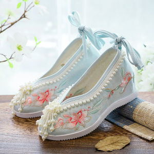 Elegant Floral Embroidered Womens Hanfu Shoes High Heel National Wind Dance Shoes with Cloth Lining and Composite Sole