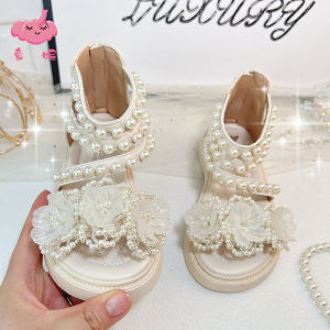 Princess Style Pearl Decorated Roman Sandals for Girls Soft Bottom Exposure Toe Summer Slippers Childrens Anti-slip Shoes