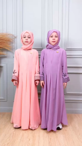 Dungdungkids Gamis Polos Anak Gracelyn Ceruty Babydoll Lengan Bordir Free Pashmina 3 - 14 Tahun