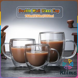 KLIMO Transparent Double Wall Glass Cup Coffee Mug Heat Resistant Cup With Handle 150ml/250ml/350ml