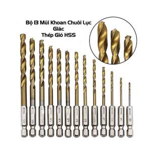 Bộ 13 Mũi Khoan Chất Liệu Thép Gió HSS Bọc Titanium Chuôi Lục Giác Khoan Gỗ Nhựa