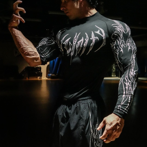 Quick Dry High Elasticity Mens Long Sleeve Muscle T-Shirt Slim Fit Cool Print Training Top Polyester Lycra Blend Thin Style