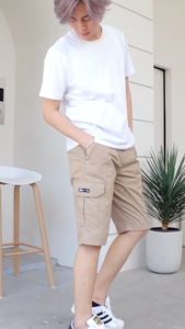 (พร้อมส่ง) NANAZAZA - ZA1008 กางเกงคาร์โก้ขาสั้น ผ้าcotton ไม่ยืด แต่นิ่ม เบาสบาย