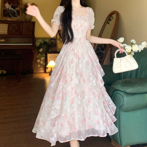 Summer French Style Floral Print Square Collar Maxi Dress Womens A-Line Skirt Slimming Waist Design Fairy Elegant Long Dress