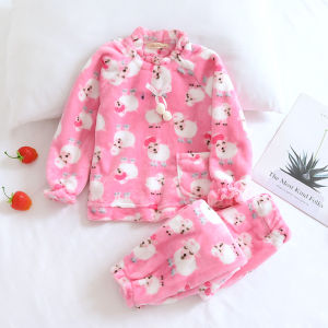 ชุดนอนเด็กผ้าสักหลาดบุขนกำมะหยี่หนาพิเศษใส่ช่วงฤดูใบไม้ร่วงและฤดูหนาวสำหรับเด็กหญิงชุดใส่ในบ้านผ้าคอรัลฟลีซแบบผู้หญิงสำหรับลูกน้อยชุดสำหรับลูกน้อย