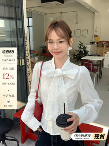Song Zhengen French Style Womens Shirt Butterfly Knot Tie Waist Slim Fit Inner Wear Top Korean Version Long Sleeve Pure Color