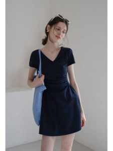 Slimming A-Line Short Dress Eggka Korean Style High Waist Gathered Cotton Blend Casual Summer Dress with Doll Collar