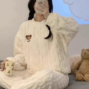 Thickened Flannel Coral Fleece Womens Sleepwear Cartoon Loose Home Clothes Winter Warm Set Student Suitable Long Pants
