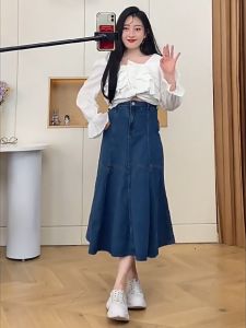 GHAOHES S-4XL กระโปรยาว วินเทจ กระโปรงยีนส์ สีน้ำเงิน สาวอวบ ความสวยงาม ทรง เอ