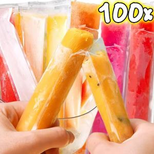 100Pcs Summer Disposable Ice Popsicle Bags for DIY Ice Cream Pops Fruit Juice Smoothies Yogurt Mold Bag with Zipper Seal Packaging Bags