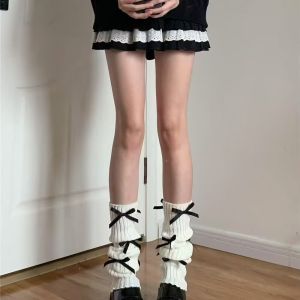 Gray Knitted JK Socks Womens Long Tube Leg Warmers with Multiple Butterfly Knots Autumn Winter Warm Thickened Stockings