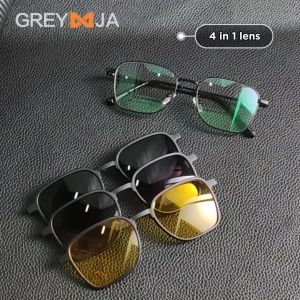 Grey Jack Kacamata Clip On 4in1 Free Lens Polarized Night Drive Bahan Metal Kotak Pria Wanita Bisa Minus Antiradiasi Blueray Photocromic 8131