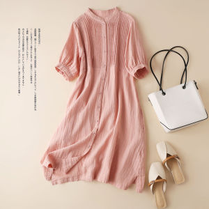 Japanese Style Cotton Linen Five-Quarter Sleeve Dress Summer Solid Color Open Cardigan Shirt Dress Pleated A-Line Skirt
