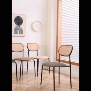 LAVIN DC 1765 Rattan Dining Chair With Velvet Seat | Powder Coated Metal Frame | Padded Cushion With Velvet Fabric | Black Cushion Rattan Chair