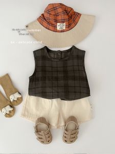 Áo Thun Ngắn Tay Không Tay Phong Cách Hàn Quốc Họa Tiết Caro Retro cho Bé Trai