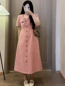 Elegant French Design Summer Dress Womens High Waist Conceal Meat Slimming Skirt Large Size Square Collar Korean Style A-Line Dress