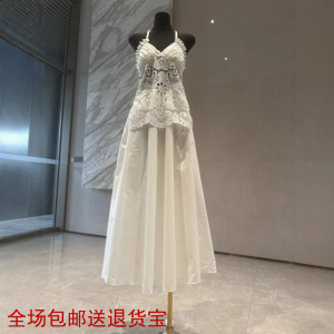 French Vintage Lace Morning Gown Engagement Dress Hollow out Embroidery Belted Neckline Spring Thick Cotton Knitted Dress