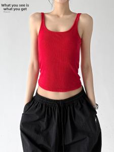 MUYUZI | Red Slim Fit Spaghetti Strap Short Tank Top