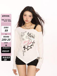 Sweet And Spicy Shoulder Bared Long Sleeve Cat Print T Shirt Womens Summer Casual Slim Fit Printed Top Chinese Style