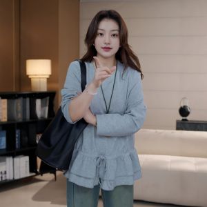 Áo Thun Cổ Tròn Màu Xám Cỡ Lớn Phong Cách Hàn Quốc Có Dây Rút Dáng Rộng Mặc Trong Dáng Rộng Mặc Mùa Thu Áo Thun