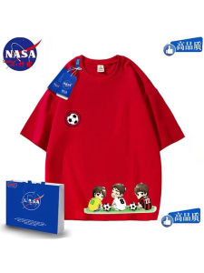 NASA Family of Three Crayons Xiaoxin Football Summer New Arrival Boys and Girls Pure Cotton Short Sleeve Cartoon Print T-shirt Ins
