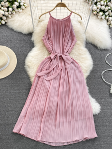 Beach Vacation Floral Print Gauzy Midi Dress Korean Style High Waist Sleeveless A-Line Wrap Skirt Halter Neck Summer Dress