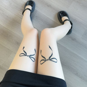 Women Tattood Bow Pantyhose Stockings Korea Lolita JK Cosplay Printed Silk Tights Pantyhose