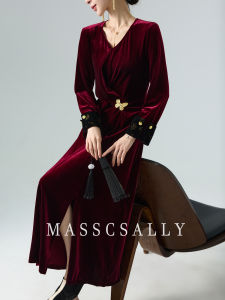 MASSCSALLY | V-Neck Red Velvet Long Dress