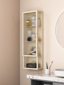 Bathroom Wall Mounted Glass Storage Cabinet Cosmetic Organizer Kitchen Pantry Shelf Metal Frame Nordic Style Artistic Design