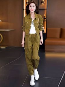 Early Autumn Casual High Waist Long Sleeve Sporty Style Two-Piece Set Polyester Fiber Button Closure Fashionable Ensemble