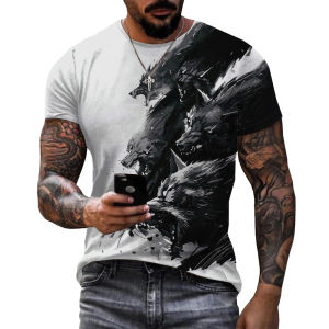 Mens Wolf 3D Pattern Short Sleeve T-shirt Crewneck Regular Thickness for Youth in Autumn