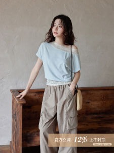 Korean Style Lyocell Lace Patchwork Slim Fit Light Blue T-shirt