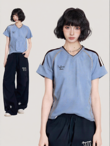 BAIDAIFEI | American Blue V-neck Insert Shoulder Slim Fit Short T-shirt