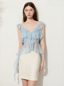 D-PLAY | Elegant French V-Neck Ruffled Hem Cinched Waist Blouse