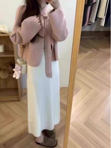 White Loose Knitted High Waist Midi Skirt Womens Style Autumn New Lazy Fashion Slimming A-Line Skirt Commute Pure Color