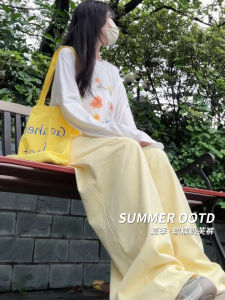 Quần Ống Rộng Bằng Lụa Băng Màu Vàng Mỏng Thường Ngày Cạp Cao Cho Nữ Mùa Hè Quần Dài Ống Rộng Thon Gọn