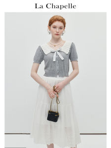 La Chapelle Grey Simple Turn-down Collar Butterfly Knot Knitted Short Sleeve Womens Sweet Soft Doll Shirt Summer New Style