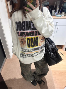 American High Street Fun Letter Print round Neck Long Sleeve T-Shirt Womens Spring Autumn Loose Design Casual Niche Top