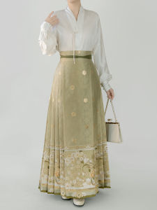 New Chinese Style Womens Hanfu Set Green Gold Embroidered Fan Original Fragrance in Hand Ma Face Skirt Daily Wear Polyester Fiber